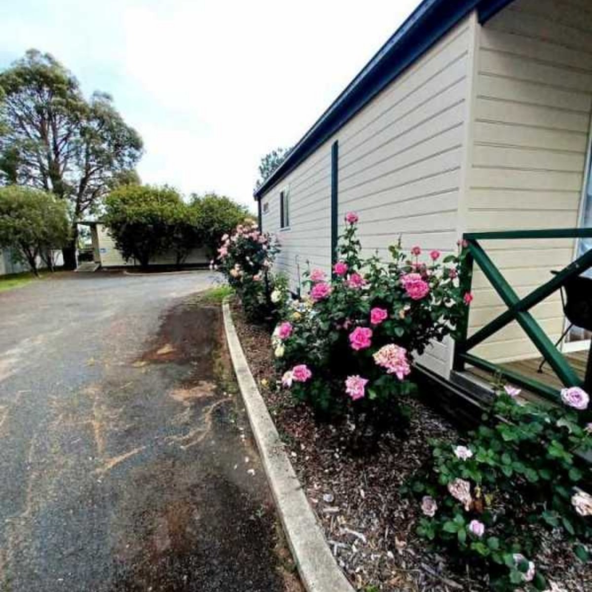 country road caravan park cabin with flowers