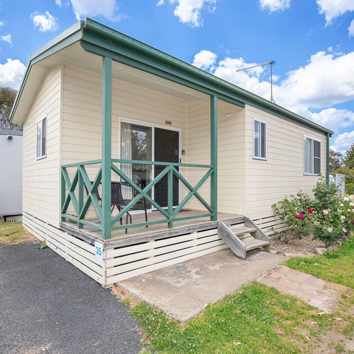 country road caravan park cabin with porch